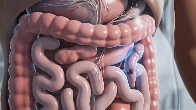 Detailed 3D Anatomy Model of Human Digestive System with Appendix and Intestines Showing Internal Organs and Transparent
