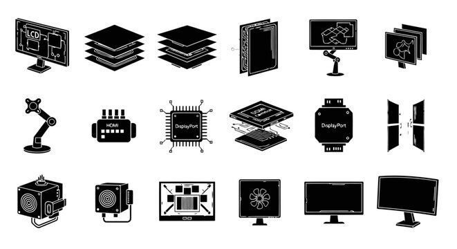 Set of 18 different black silhouette icons illustrating monitor hardware and display technology components. Features modern screen systems, connectivity modules, control boards, and futuristic display