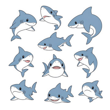 Cartoon sharks in various playful poses and expressions