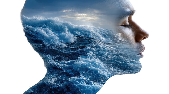 Oceanic Mind: A captivating composition artfully blends the human visage with the dynamic essence of the ocean, evoking a profound sense of inner depths and tranquility.