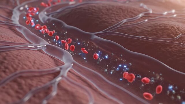 Detailed 3D Animation Illustrates Healthy Microcirculation With Red Blood Cells Flowing Through Capillaries And Arteries In