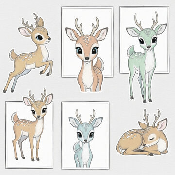Cute Deer Illustrations in Pastel Colors Set