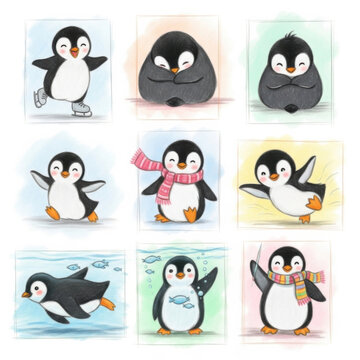 Adorable penguins in various winter poses and outfits