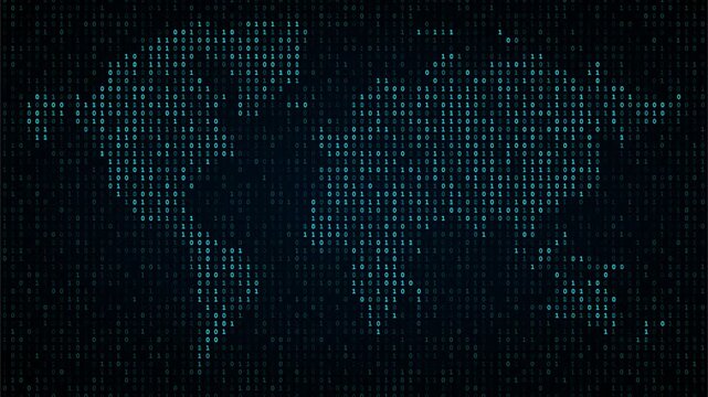 Animated digital world map made of flowing binary code representing global data, cybersecurity, and network connectivity. Ideal for technology presentations, AI visuals, and cyber communication themes