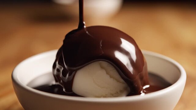 Thick dark chocolate syrup pouring over a smooth vanilla ice cream scoop in a white bowl. Slow motion decadent dessert.