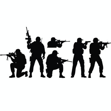 Silhouettes of Soldiers with Rifles in Action Pose for Military and Defense Concepts