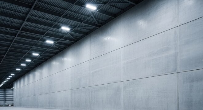 Expansive Smooth Concrete Wall Texture with Industrial Ceiling Lighting