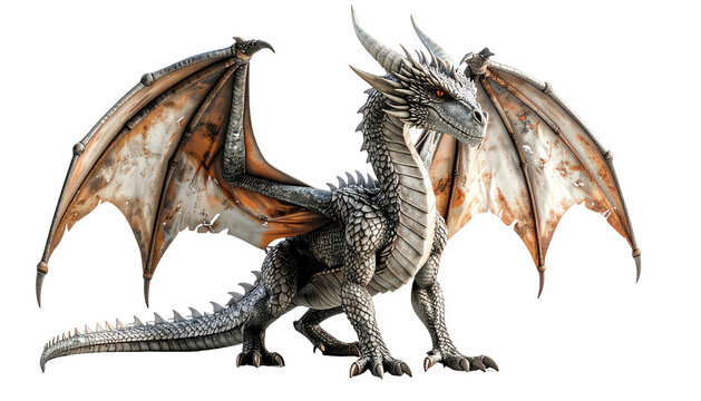 Majestic silver dragon poses with wings spread, scales detailed