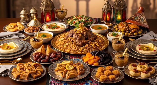 Festive ramadan iftar table overflowing with traditional middle eastern cuisine