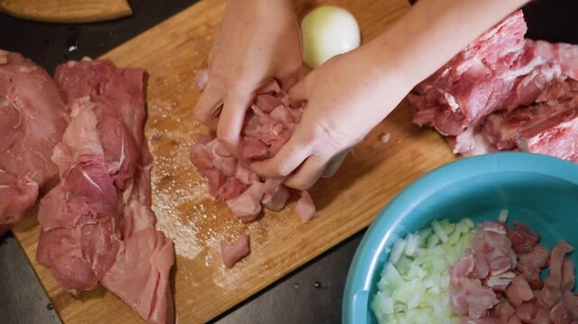 Rapidly cook seasoned pork with vegetables. Cuisine expert swiftly prepares spicy pork with vegetables. Cook promptly prepares flavorful pork with onions and vegetables in speedy manner