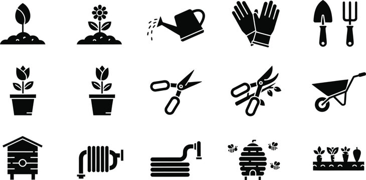 Gardening tools and plants icon set: flowers watering can pots beehive symbols with pruning shears black and white scissors