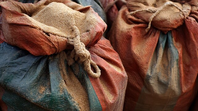 Dirty sandbags for construction or flood.