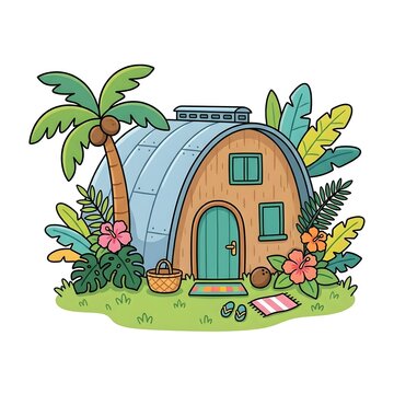 Quonset House Color Illustration &ndash; Curved Roof Hut Cartoon Clipart for Kids Education