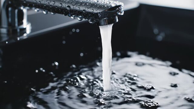 Water flowing from a faucet into a sink for environmental projects, nature documentaries, and commercials