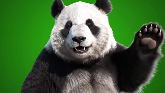 Panda bear waving on green screen for commercial backgrounds, digital design, and advertising
