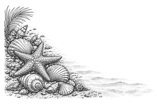 Starfish and sea shells beach corner vector illustration in hand drawn engraving style, vintage marine life composition for nautical card design.