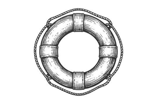 Nautical lifebuoy ring vector illustration in hand drawn engraving style, vintage marine safety equipment icon for maritime and nautical designs.