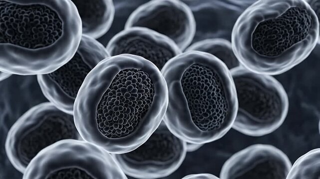 Detailed 3D Cinematic CGI Macro View of Cellular Aging Process Microscopic Biological Cells in Dark Tones