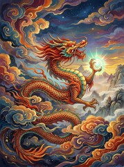 Obraz premium Chinese dragon flying through clouds at sunset with glowing orb
