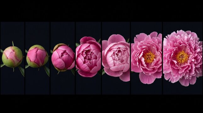 Pink peony flower blooming stages collection isolated on black background