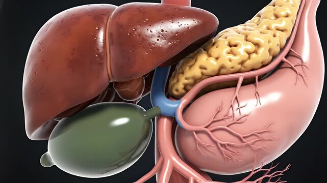 Detailed 3D Medical Animation Of Human Digestive System Accessory Organs Liver Gallbladder Stomach Pancreas Anatomy With Blood