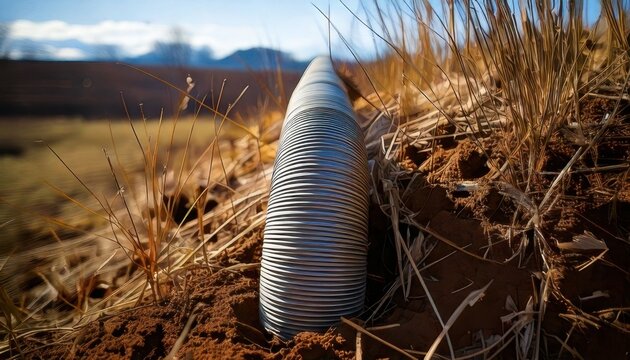 Corrugated drainage pipe section installed in dry rural terrain with distant hills under a clear blue sky