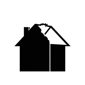 Silhouetted illustration of a damaged house, depicting a portion of its roof being destroyed