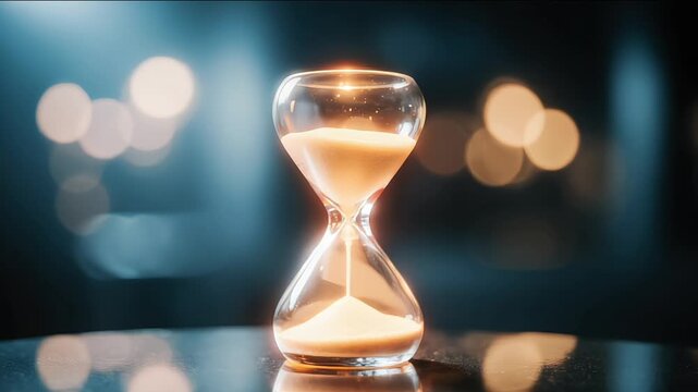 Glowing Hourglass with Flowing Sand and Bokeh Lights Background