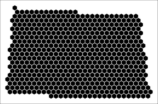 North Dakota simple black and white hexagon map shape template. State plain hexagon cell dots. North Dakota flat honeycomb boundary. Vector Illustration.