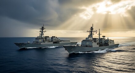Obraz premium Two modern naval vessels sail across a blue ocean under a dramatic, cloudy sky and sun rays