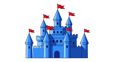Fototapeta premium Blue Medieval Castle Fortress Vector Illustration, Flat Style Graphic Design Element Featuring Tall Towers and Red Flags Isolated on White Background