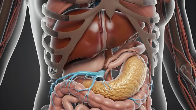 Detailed 3D Render Of Female Torso Organs And Digestive System With Rib Cage And Vascular System On Dark Gray Background