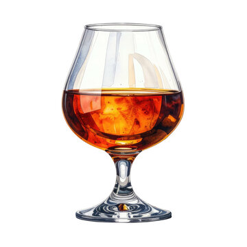 Watercolor depiction of a brandy glass with amber liquid against a dark background