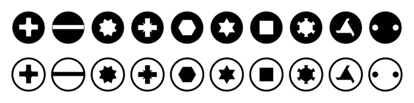 Screw drive types cross slot hex star square and security bits. Vector on white background