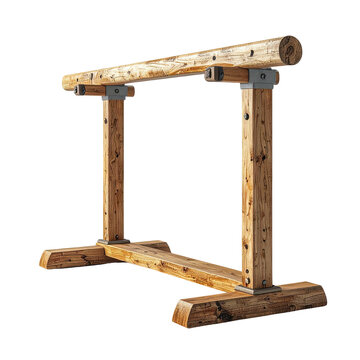 Wooden parallel bars, constructed with bolts, against a dark background