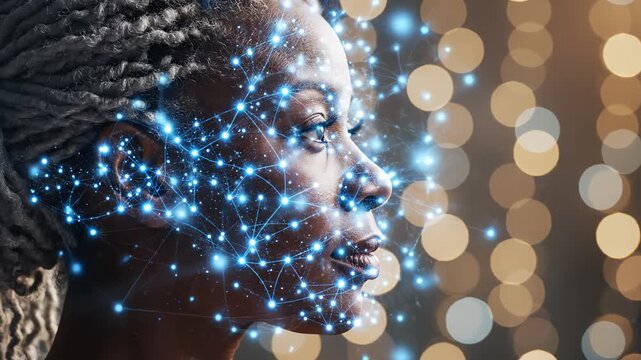 Profile of woman with glowing network on face for commercial backgrounds, digital design, and advertising