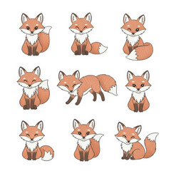 Fototapeta premium Collection of cartoon foxes in various poses and expressions