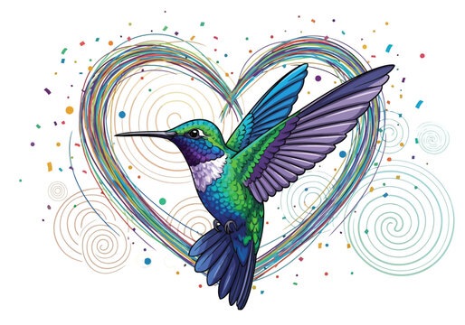 A vibrant hummingbird within an intricate heart-shaped design surrounded by colorful swirls
