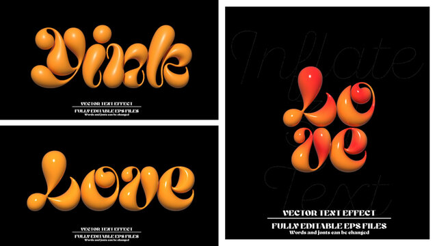 Bundle of 3D inflated love text effects, glossy orange bubble style editable vector text effect collection