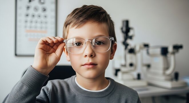 Young boy adjusting eyeglasses during an eye exam with vision chart in background