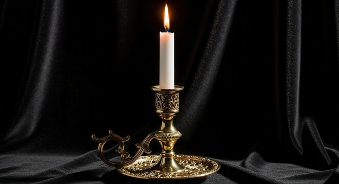 Ornate brass candlestick holding a single burning white candle with a warm flame against a dark backdrop