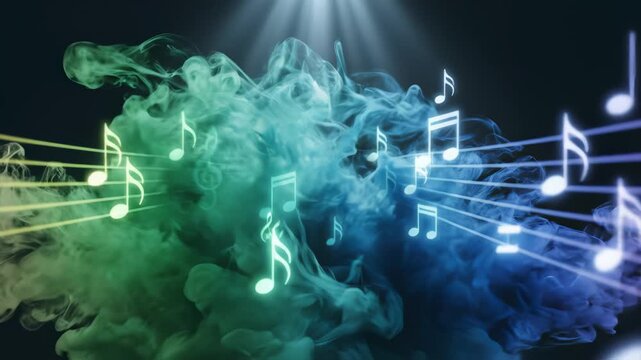 Colorful smoke with musical notes for commercial backgrounds, digital design, and advertising