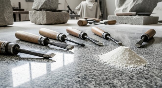 Collection of stone carving chisels with wooden handles laid out on a granite surface with stone blocks in the background