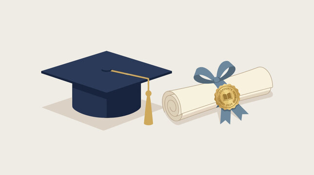 Dark blue graduation cap with gold tassel and rolled diploma scroll with blue ribbon and gold seal for class of 2024