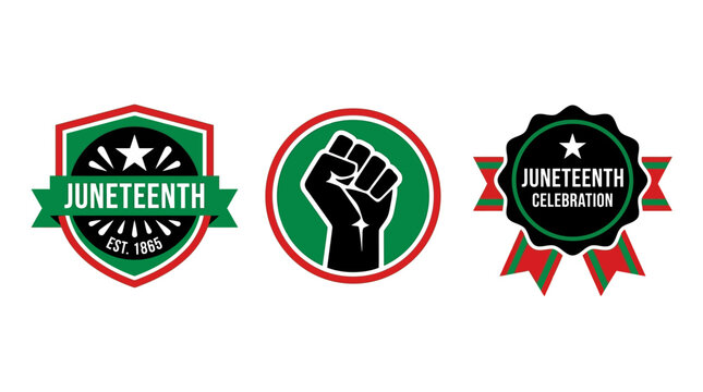 Juneteenth Celebration Icon Set with Raised Fist and Shield Badges in Pan-African Colors for Freedom Day Commemoration