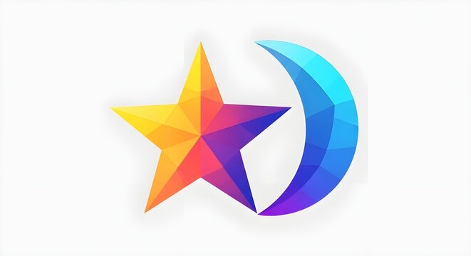 A vibrant low poly illustration featuring a colorful five pointed star beside a crescent moon.