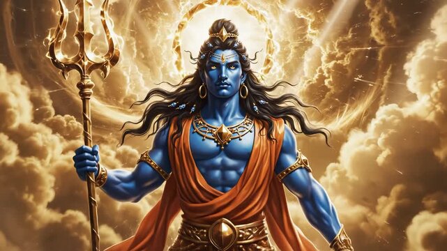 Divine figure with trident in mystical landscape for environmental projects, nature documentaries, and commercials