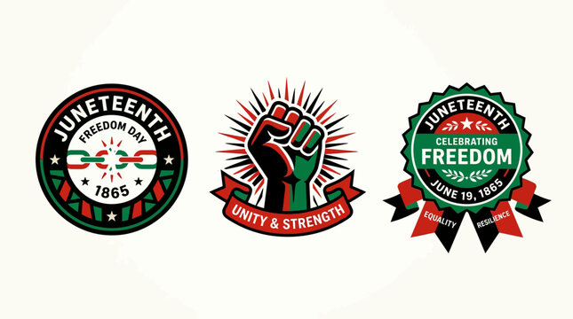 Set of Juneteenth Freedom Day badges and icons celebrating African American history and emancipation with Pan-African colors.