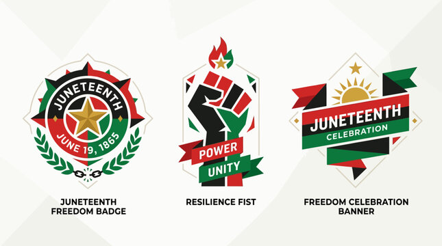 Set of Juneteenth celebration symbols featuring freedom badge resilience fist and banner in Pan-African colors for emancipation day