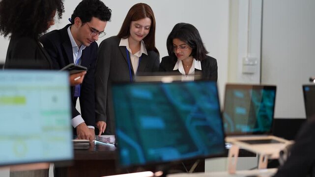 Poised cross functional specialists with diverse ethnic team members managing digital safeguard protocols and network security in a sophisticated dark workspace hub.